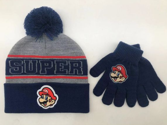 Super Mario Knit Hat with Sublimated Patch and Matching Gloves