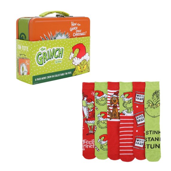 Grinch Tin Tote with 6pk Crew Sock Combo