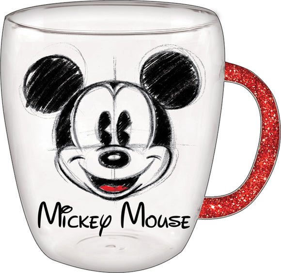 Mickey Mouse Smiling Sketch 14oz Glitter Handle Glass Mug