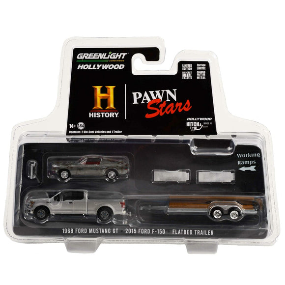 Pawn Stars 1968 Ford Mustang GT, 2015 Ford F-150 & Flatbed Trailer 1:64 Scale Die Cast